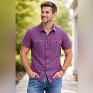 pd&c red and blue checkered button down collared short sleeve shirt